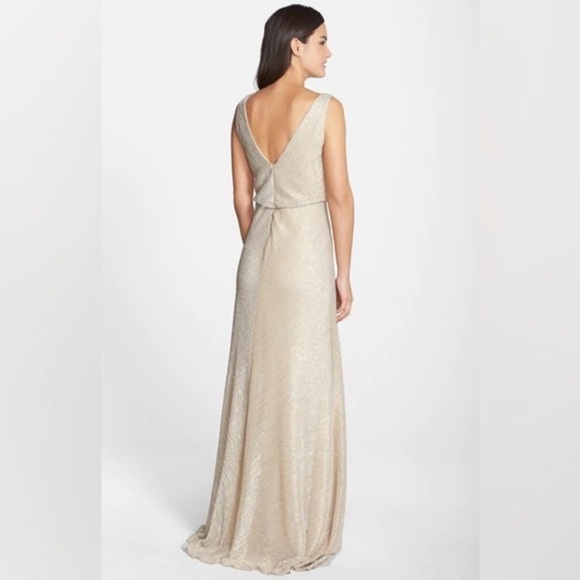 JENNY YOO MADELYN DRAPE NECK GOLD METALLIC GOWN MAXI DRESS SIZE 14 - Picture 12 of 12